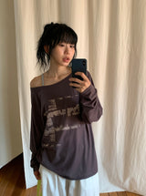 Gauss Loose Fit Printing Off-Shoulder Long Sleeve Tee