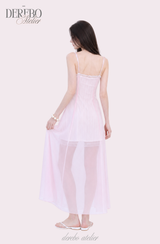 ピンク シフォン シースルー ロング ドレス