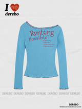 ワイドネックオフショルダーレタリング長袖Tシャツ