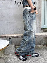 [SET UP가능] キッチスリットワイドデニムパンツ