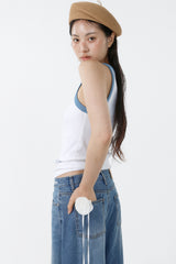 ディープネックスリーブレストップス_スカイブルー - ホワイト