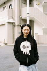 Kawaii Skull Damage Hoodie Zip-up - Black Flower   