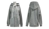 エンジェルレースポイント配色チェックフード長袖ジップアップ (Gray)