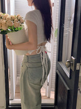 SL Emboss Back Slit Strap Crop Short Sleeve T-shirt (3color)