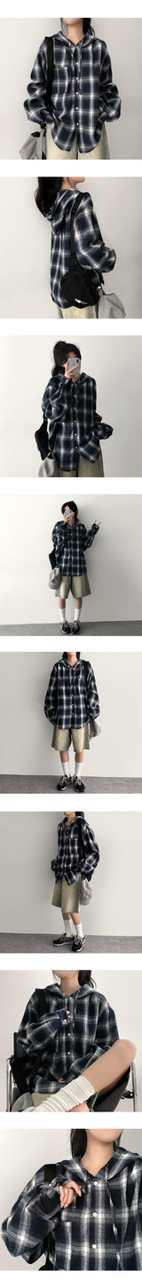Tring Oversized Fit Tartan Checkered Hooded Shirt