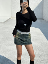 [BELT & INNER SHORTS] AUTUMN DENIM BROWN KHAKI DENIM SKIRT – SK