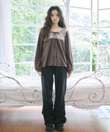 STRING STRIPE SHIRRING LONG SLEEVE - BROWN