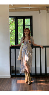 French flower shirring wrap dress