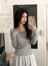 Off Shoulder Half Button Slim T-shirt (3color)
