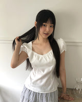 Ha-e ハートネックフリルレースパフブラウス