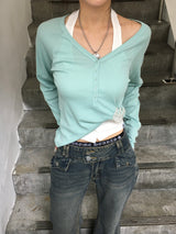 Chloe Button Roll Up 3/4 sleeve 2-Way Vneck (5c)