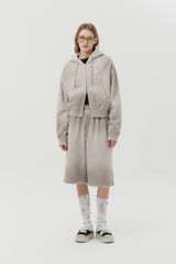 VINTAGE WASHING STUD POINT CROP HOODIE ZIP UP [OAT MEAL]