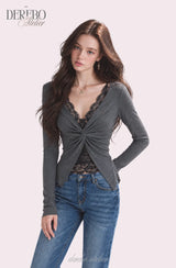 Roy Black Halter Lace Twist Long Sleeve T-shirt