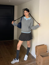 カラーレイヤードVネック長袖ニット