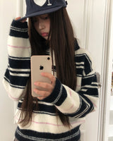 ノビンストライプコントラストカラー長袖ニット