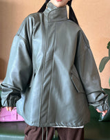 (UNISEX) LEATHER FAUX-LEATHER AUTUMN BOXY ルーズフィットフィールドジャケット – KHAKI