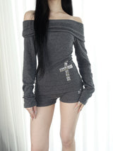 Cross Crystal Off-Shoulder Top