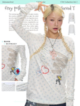 BETWEENAND Women’s long-sleeved T-shirt in autumn style, featuring beautiful white polka-dot lace trimmings