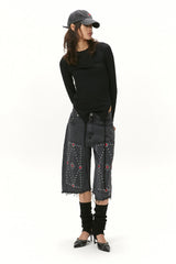 CUBIC EMBROIDERY HALF DENIM / BLACK