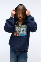 Sound wave artwork damage washing hoodie zip-up (Navy)_1