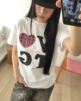 Butu Vintage Heart Check Patch Short-Sleeved T-Shirt