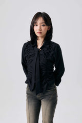ELISE TIE SHIRRING SHIRT / BLACK