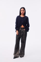 WOOL BLEND PIQUÉ TEXTURE CROSS TOTEM EMBROIDERY RAW-EDGE FOUR-COLOR BUTTON CARDIGAN