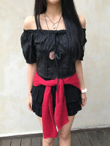 Lovely Note Two-Way Square Neck Off Shoulder Ribbon BLouse