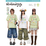 BETWEENAND サマーツートーンルーズフィットクルーネックプリントTシャツ