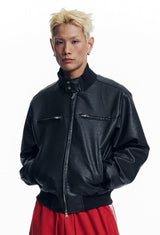 High Neck Leather Crop Jacket - Black