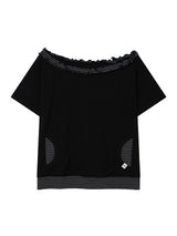 ストライプ フリル オフショルダー(BLACK)
