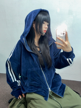 ベルベットヒップ3ラインフーディールーズフィットジップアップ💙🩷🩶🖤4カラー