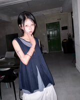 (3color) Slub Stripe Layered Flare Sleeveless Top