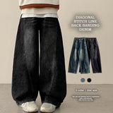Judd waist back banding diagonal incision deep washing denim wide pants