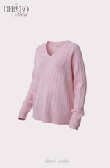 Baby Pink Twisted V-neck Loose Fit Knitwear