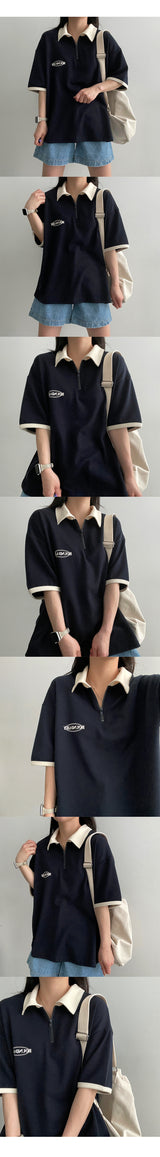 Zener セミジップアップカラーリングカラー半袖Tシャツ