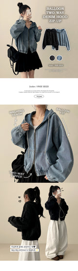 Heat-to-Way Washing Denim Hood Zip-Up