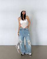 Lace torn jeans. Wide jeans