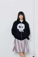 Kawaii Skull Damage Hoodie Zip-up - Black Flower   