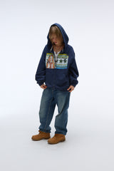 Sound wave artwork damage washing hoodie zip-up (Navy)_1