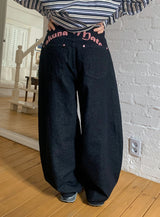 Rose Pink Lettering Embroidery Balloon Denim Pants