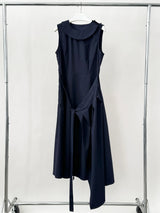 Navy Pleats Wrap Long Sleeveless Dress