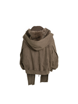 RELABEL Spatial Relations (Fallen Blossoms) Water-washed, colour-faded wool beanie Detachable zip-up cardigan Oversized silhouette heavyweight sweatshirt