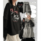 クラッシュ オーバーサイズ フィット カラー レイヤード ロング スリーブ Tシャツ
