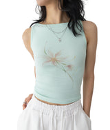 Flower Print Boat Neck Crop Tank Top