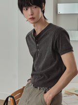 リブショールパッチヘンリーネック半袖Tシャツ