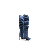 Colorful Bridge | Water Washed Denim Long Pile Boots, Fashion High Heeled Women's Denim Boots