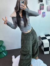 テディベイビー🤎🐻🧸 オーバーカーゴストリングファーパンツ 💚🤎🖤🧡4カラー