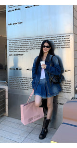 denim loose fit collar zip-up jacket two-piece (skirt set)