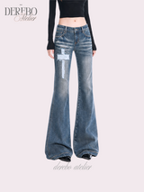 Cross-washed long semi-bootcut denim
